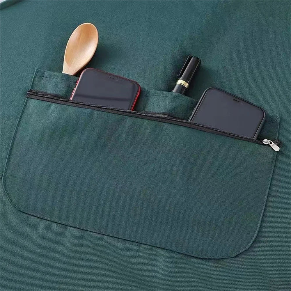 Waterproof Oilproof Apron Home Kitchen Apron with Zipper Large Pocket Fashion Abrasion Resistant Workwear for Women and Men