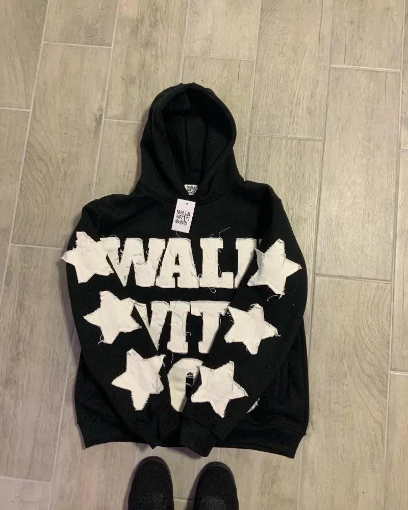 Y2K new Harajuku fashion star patch embroidery oversized hoodie women's Gothic hip-hop loose casual sports hoodie street wear
