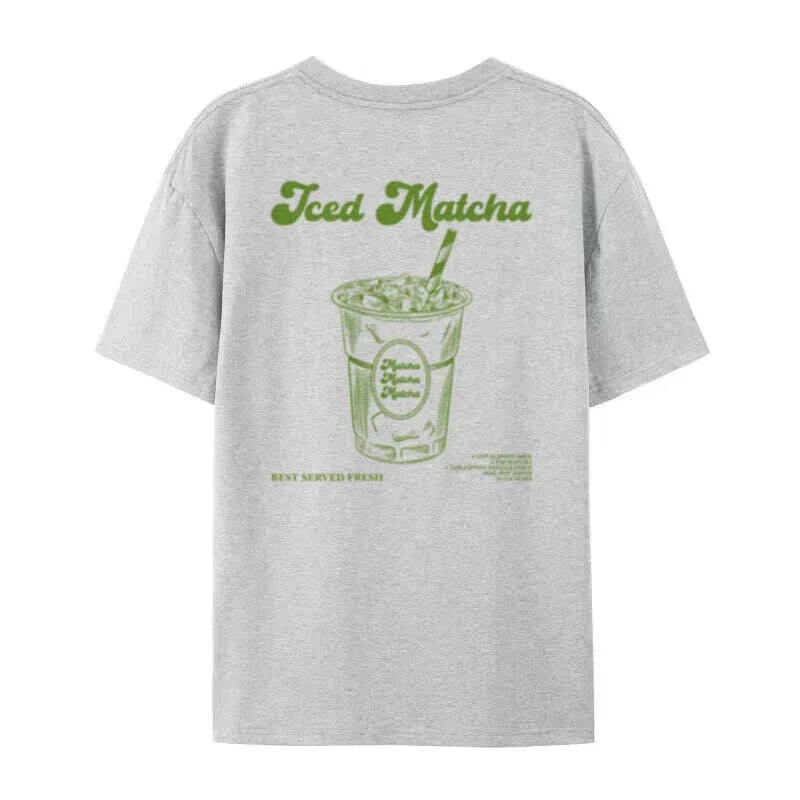 Iced Matcha Graphic Top Tees Short Sleeve Retro Aesthetic T-Shirts Cute Matcha Lover T Shirt Women Oversized Streetwear Clothing