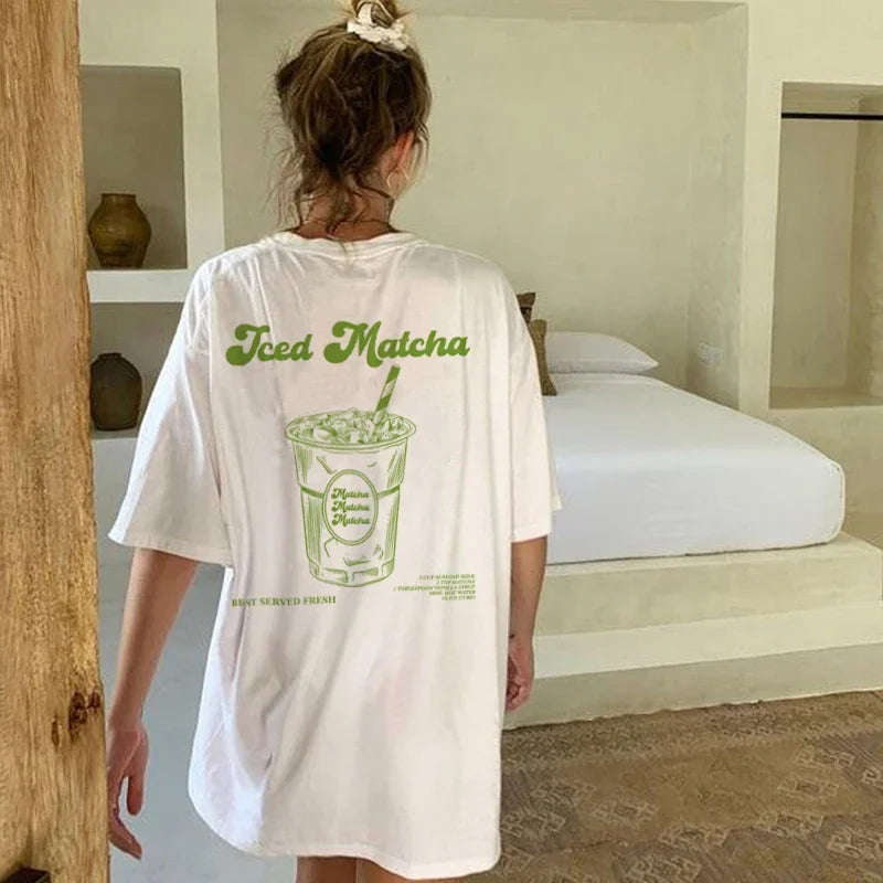 Iced Matcha Graphic Top Tees Short Sleeve Retro Aesthetic T-Shirts Cute Matcha Lover T Shirt Women Oversized Streetwear Clothing