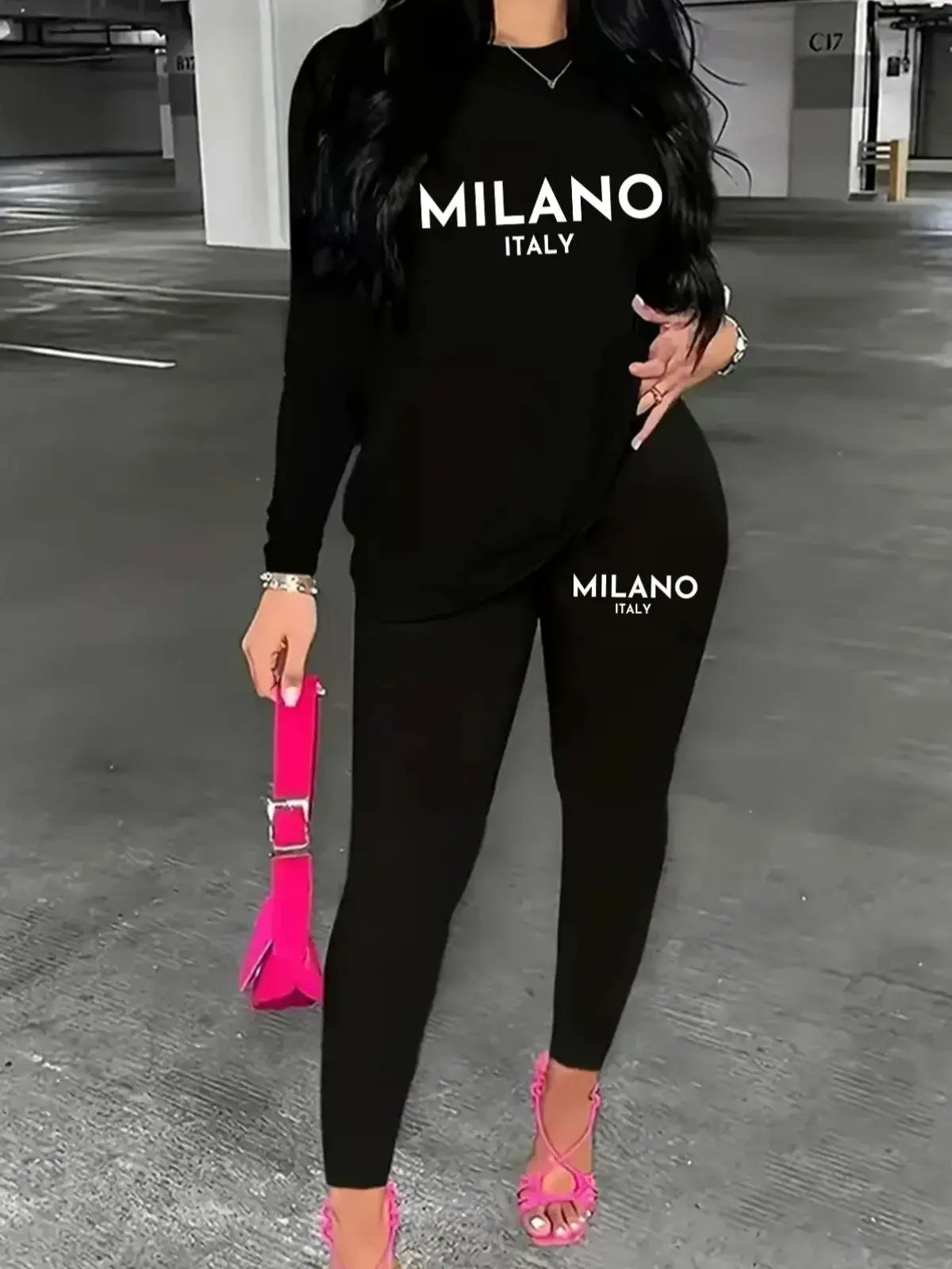 MILANO Print black tshirt Women's oversized PARIS printed round neck long sleeved T-shirt+long pant two-piece set