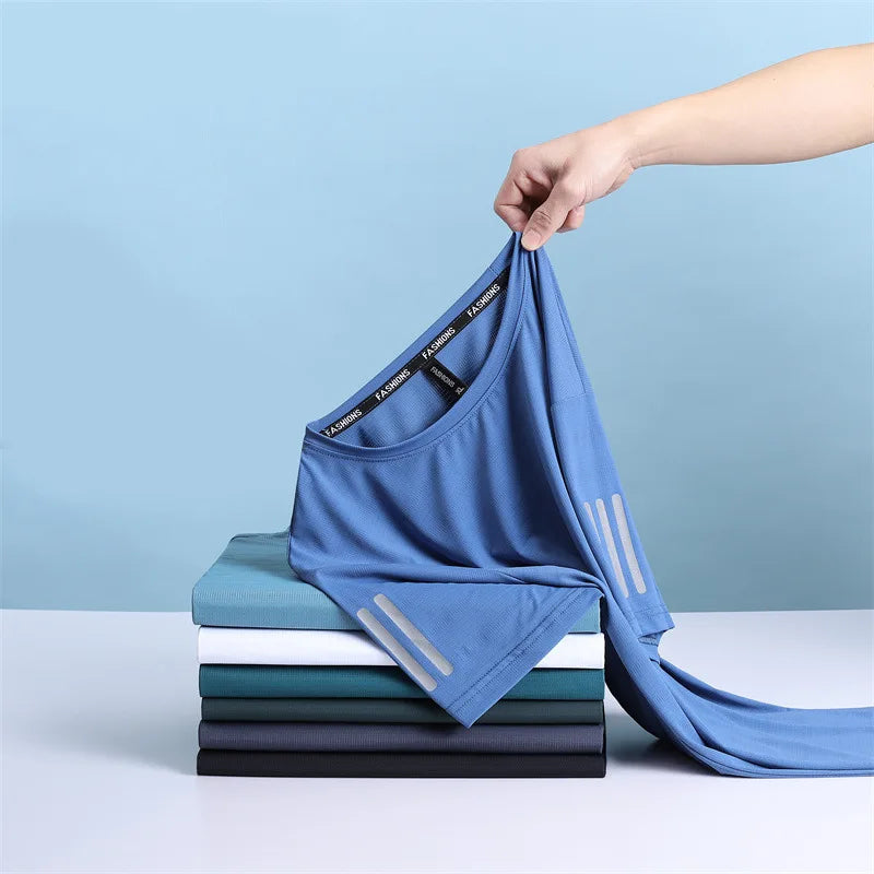 Summer Thin Ice Silk T-Shirt For Men Crew Neck Short Sleeve Casual Soft Fitness Tops Plain Oversized Tees