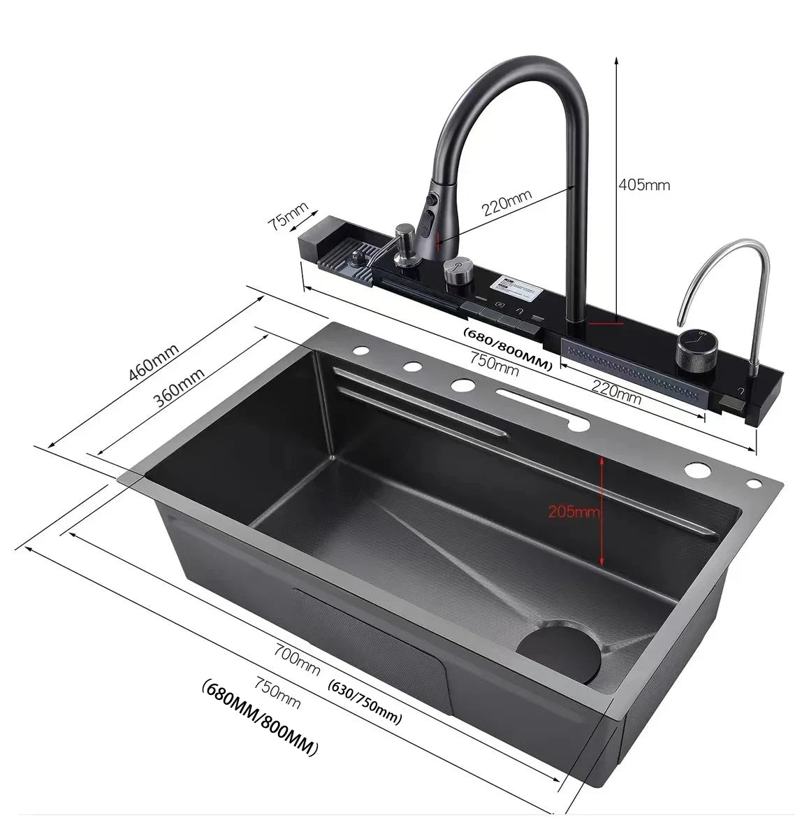 Stainless Steel Waterfall Kitchen Sink With Knife Holder Cup Wash Embossed Extra Large Single Sink Farmhouse Washbasin