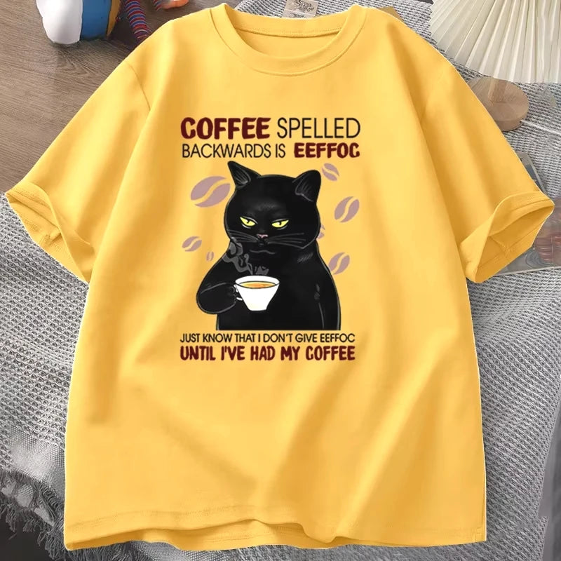 Coffee Spelled Backwards Cat T-shirt Funny Cute Graphic Tees Summer Unisex ONcek T Shirt Oversized Womens Clothes Oversized