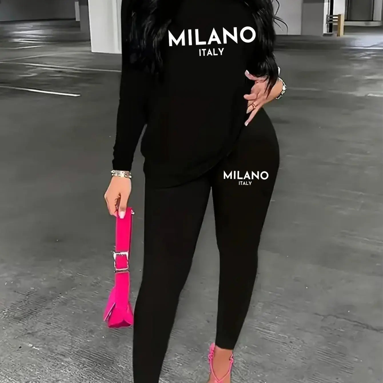 MILANO Print black tshirt Women's oversized PARIS printed round neck long sleeved T-shirt+long pant two-piece set