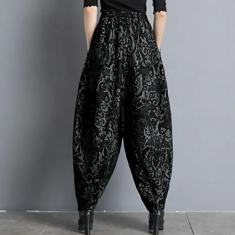 New Draping winter Jacquard Bloomers Women Casual Loose High Waist Vintage Wide Leg Harlan Pants Oversized Mom Pants trousers