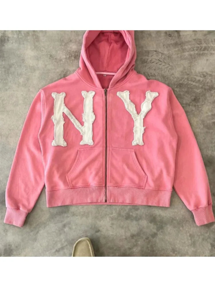 Oversized Sweatshirt Women Y2k American High Street Trend Jacket Men Letter Embroidered Zipper Hoodie Harajuku Fashion Retro Top