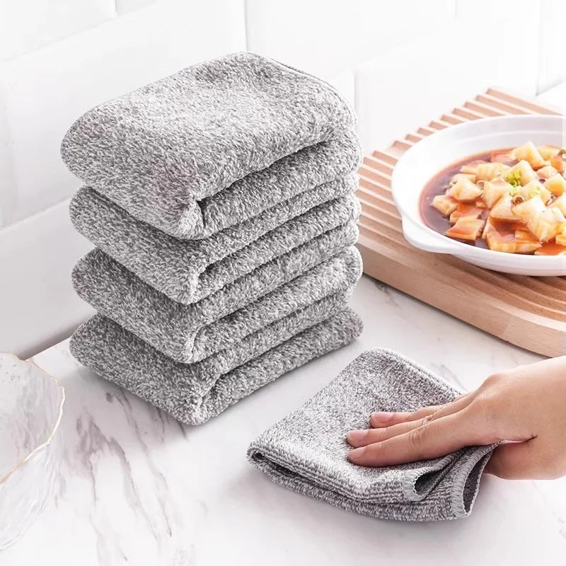 1/5PCS Thickened Gray Bamboo Charcoal Super Absorbent Dishcloth Anti-grease Kitchen Wiping Rags Microfiber Cleaning Cloths