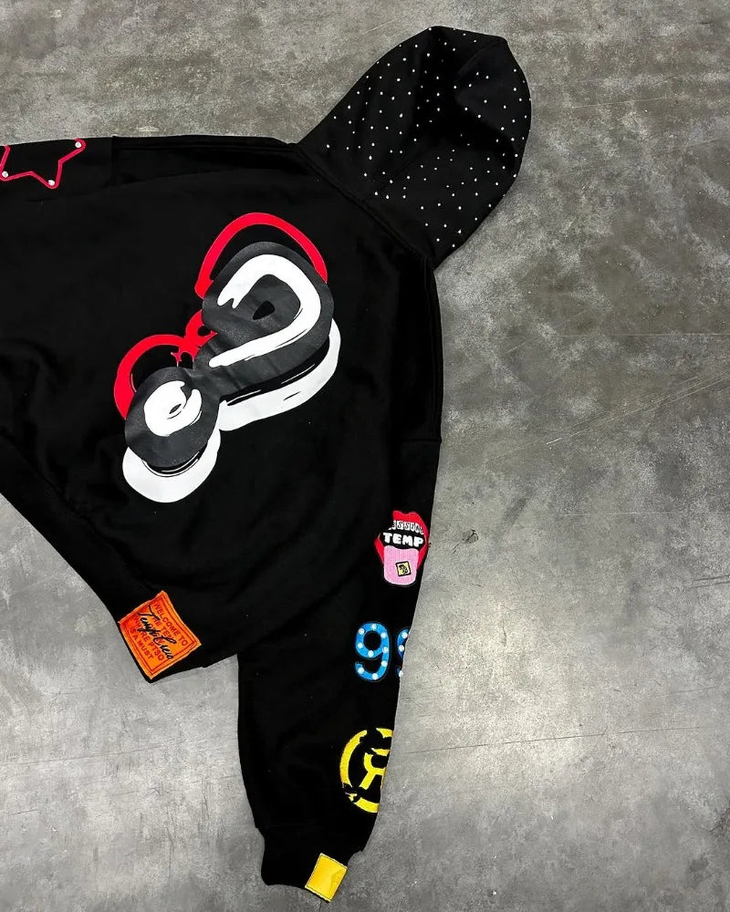 American Trendy Brands High Street Loose Casual Cartoon Printed Zipper Hoodie Men Y2k Hip-hop Rock Oversized Sweatshirt Women