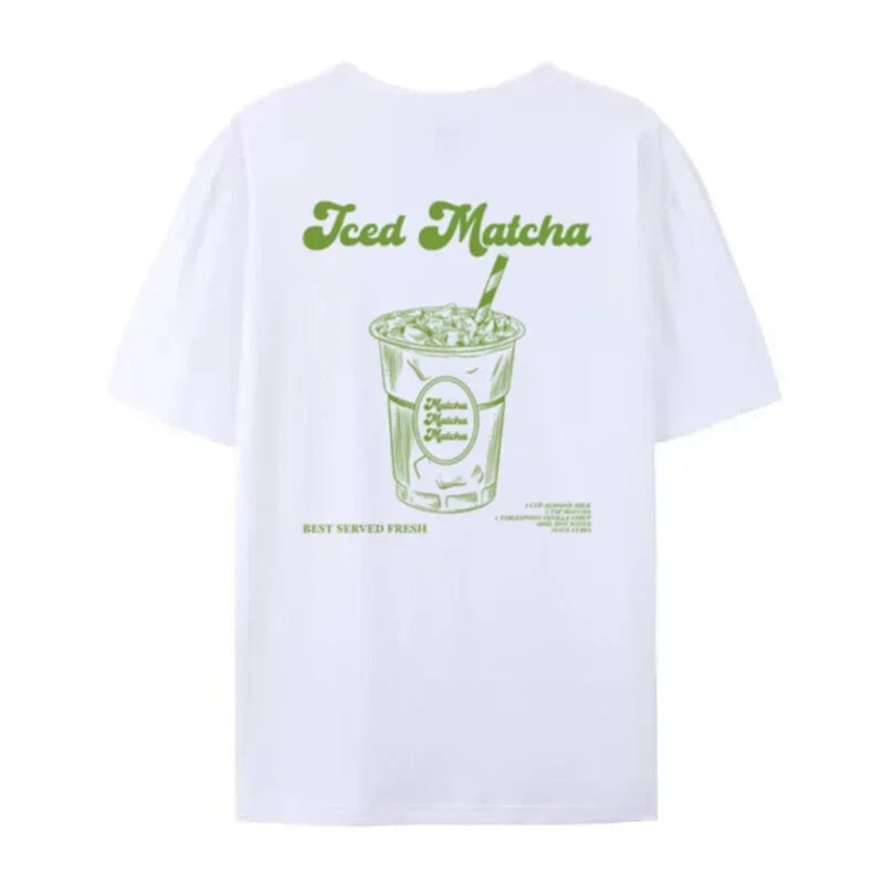 Iced Matcha Graphic Top Tees Short Sleeve Retro Aesthetic T-Shirts Cute Matcha Lover T Shirt Women Oversized Streetwear Clothing