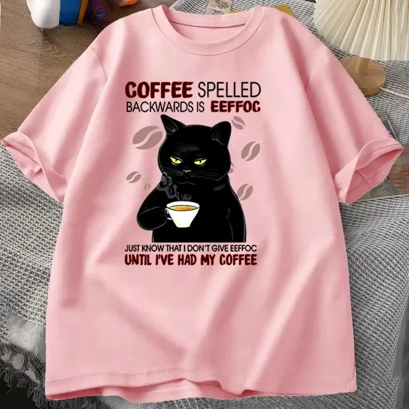Coffee Spelled Backwards Cat T-shirt Funny Cute Graphic Tees Summer Unisex ONcek T Shirt Oversized Womens Clothes Oversized