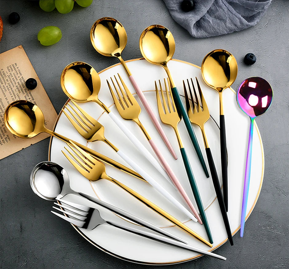 30pcs Black Dinnerware Set Stainless Steel Steak Knife Fork Coffee Spoon Teaspoon Flatware Dishwasher Safe Kitchen Tableware Set