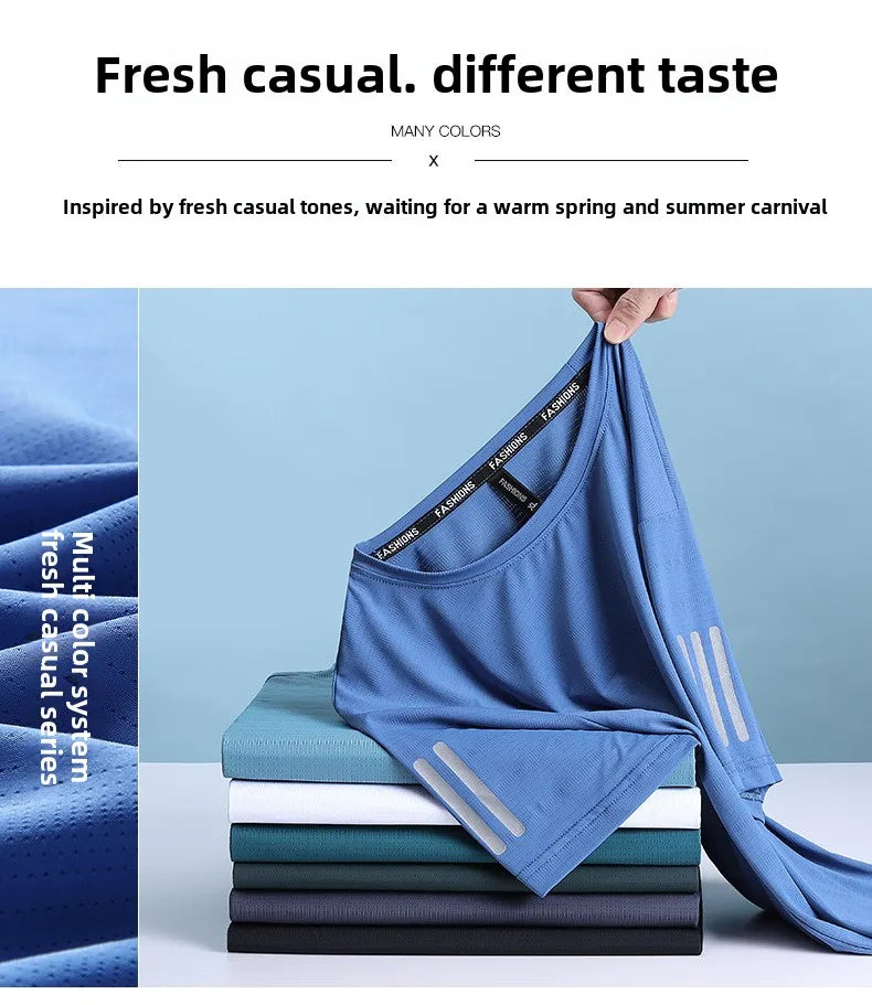 Summer Thin Ice Silk T-Shirt For Men Crew Neck Short Sleeve Casual Soft Fitness Tops Plain Oversized Tees
