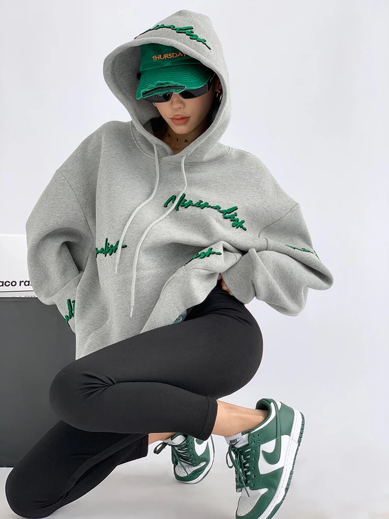 High Quality Letter Print Oversized Hoodies Women Y2k Fall Winter Plus Fleece Thick Sweatshirt Female Korean Baggy Pullover Tops