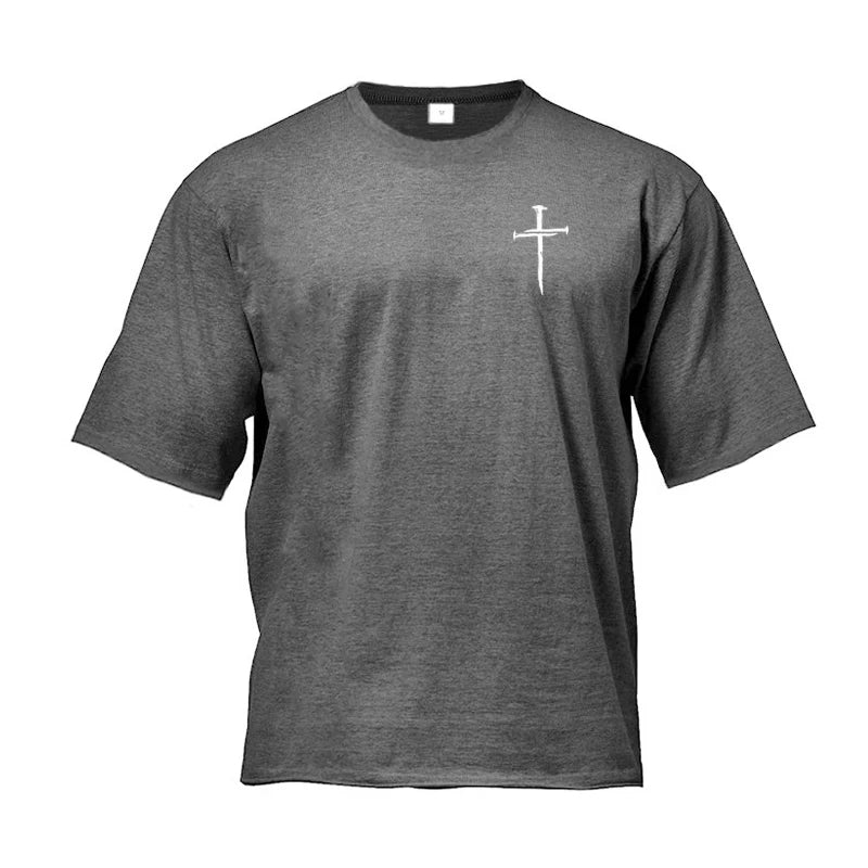 Personalized Cross Print Mens Fitness T-shirts Oversized Loose Short Sleeve Cotton Breathable Shirt Gym Bodybuilding Muscle Tops
