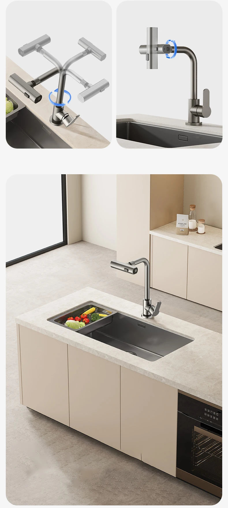 Gray Kitchen Faucets Pull Out Rotation Waterfall Stream Sprayer Head Hot -Cold Water Faucet Wash Basin Rotation Water Tap