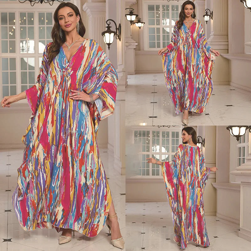 Kaftan Dresses for Women Wave Neck Swimsuit Cover Up Caftan Dress Plus Size Oversized Long Beach Dress