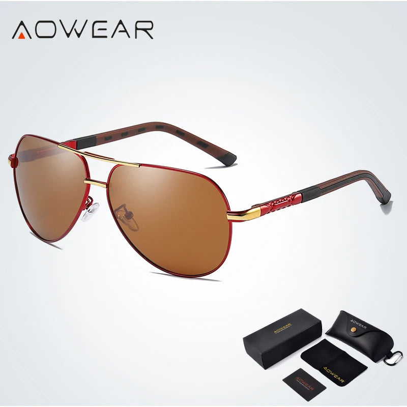 AOWEAR Aviation Luxury Sunglasses Men Polarized Oversized Driving Mirror Glasses Male Brand Designer Retro Eyewear with Case