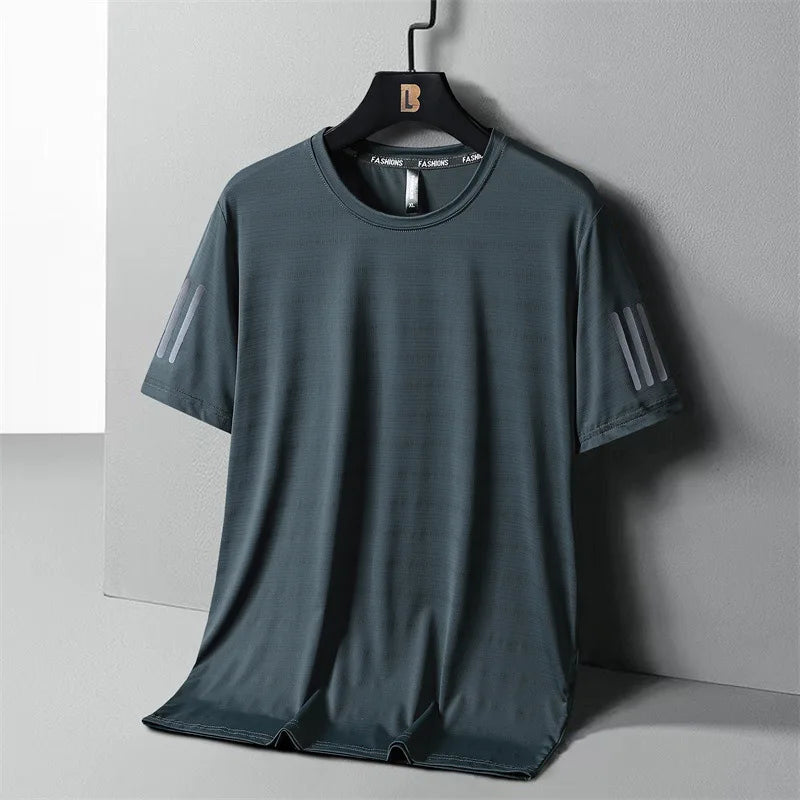 Summer Thin Ice Silk T-Shirt For Men Crew Neck Short Sleeve Casual Soft Fitness Tops Plain Oversized Tees