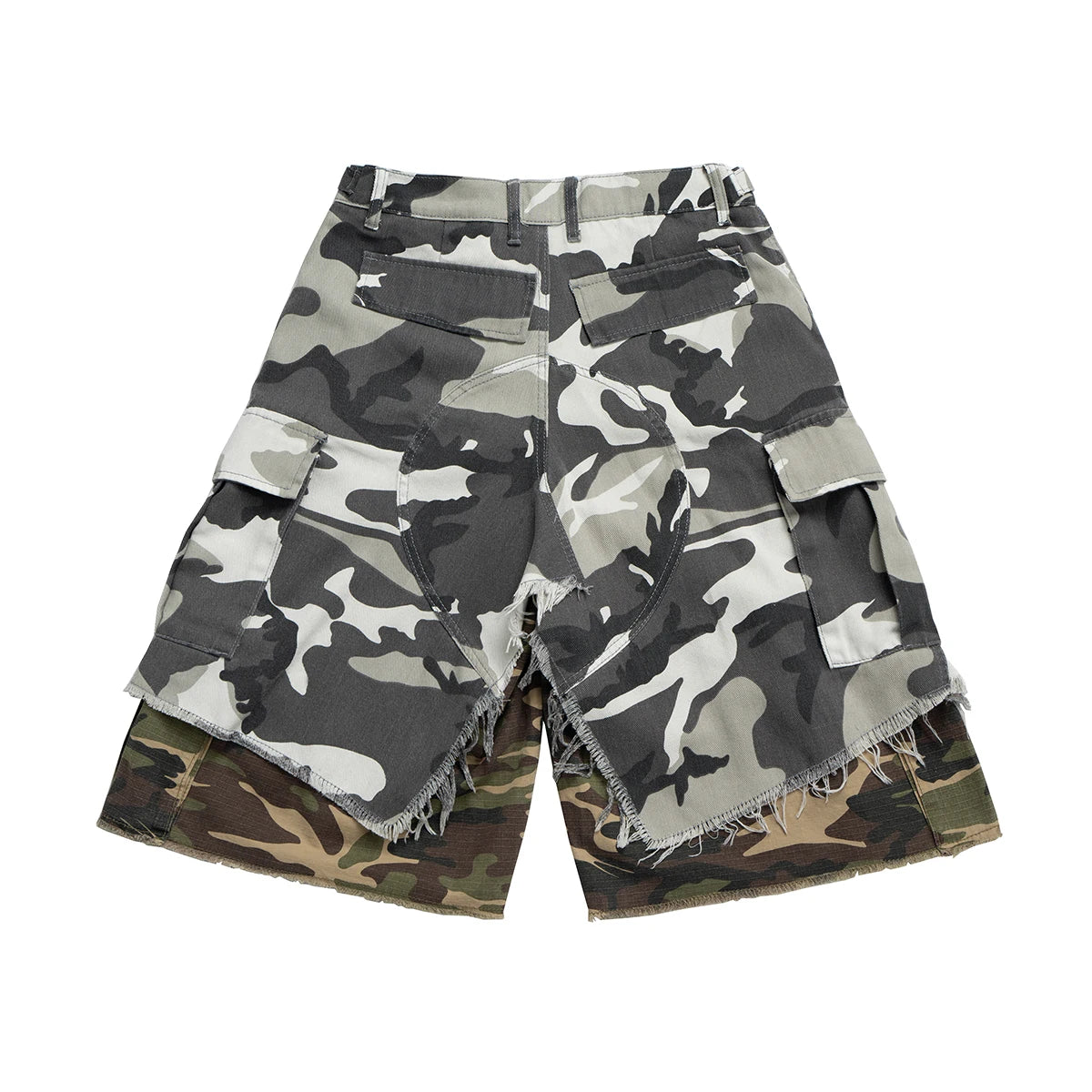 Fake Two Piece Spliced Camouflage Cargo Shorts for Men Wide Leg Patchwork Baggy Over Knee Length Pants Oversized Loose Short