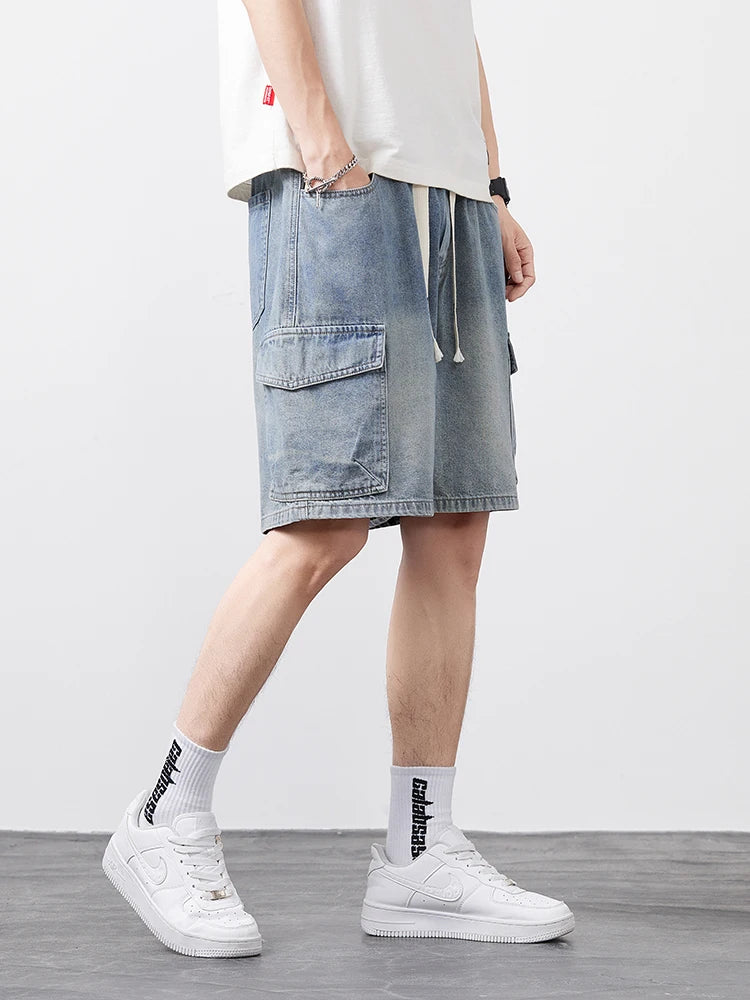 Men's Oversized Denim Shorts Summer Anti-Chafing Mid Waist Stretch Cargo Shorts Youth Hip Hop Beach Streetwear Sizes M-5XL