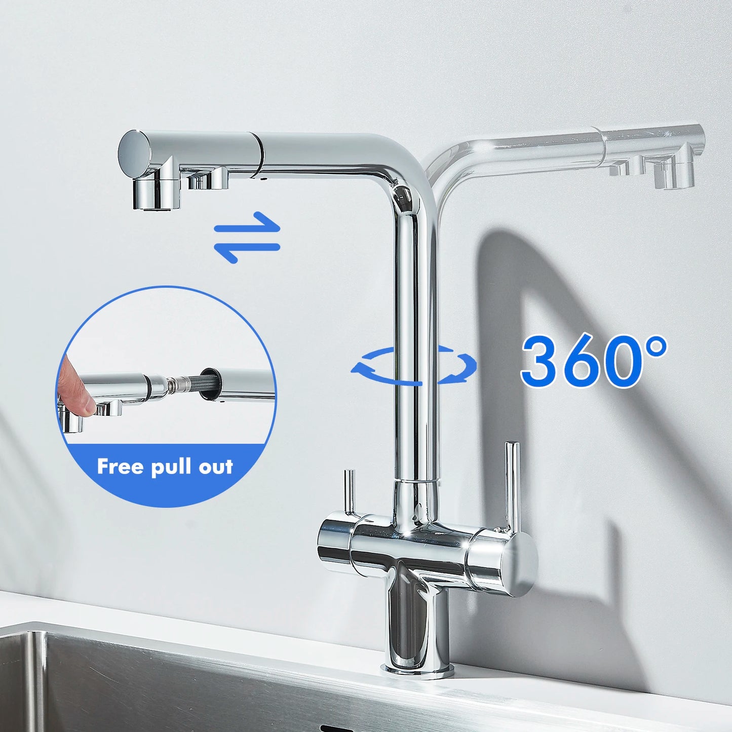 Chrome Black Filter Pull Out Kitchen Faucet Deck Mount 360 Degree Rotation Purified Tapware Cold Hot Crane Tap Dual Spouts Drink