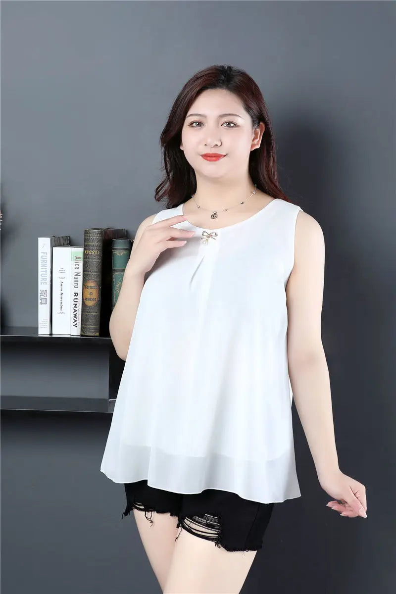 Obesity Women Chiffon Shirt  2025 New Summer Sleeveless O-neck Blouse Casual Solid White/Red Loose Oversized Female Tops