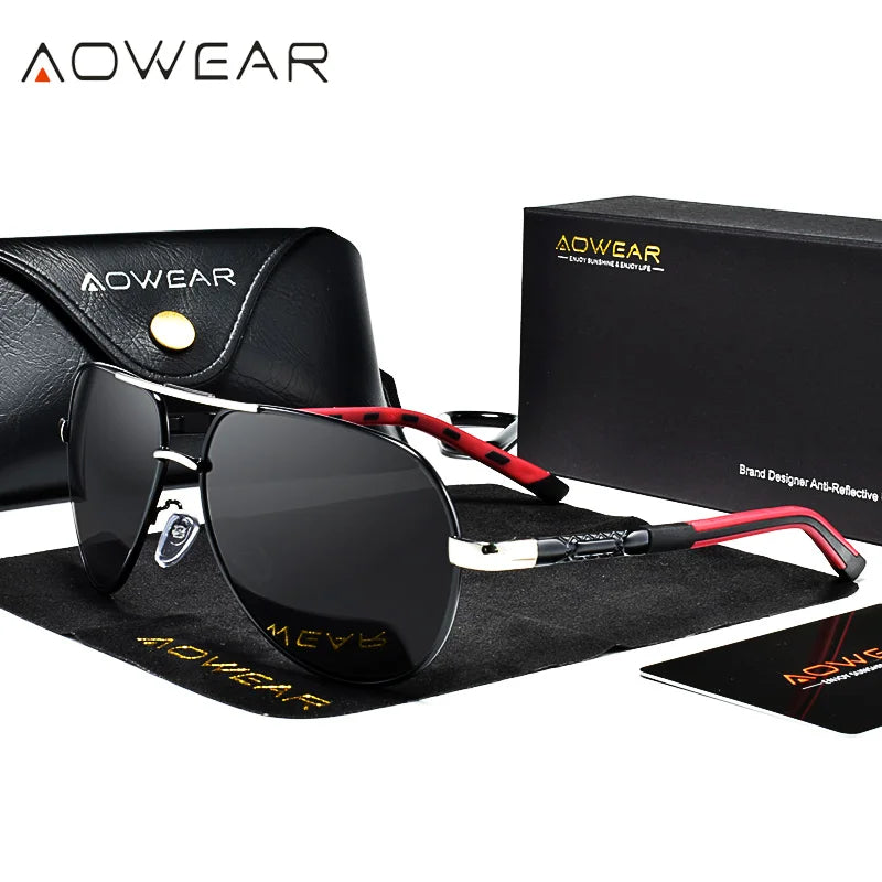 AOWEAR Aviation Luxury Sunglasses Men Polarized Oversized Driving Mirror Glasses Male Brand Designer Retro Eyewear with Case