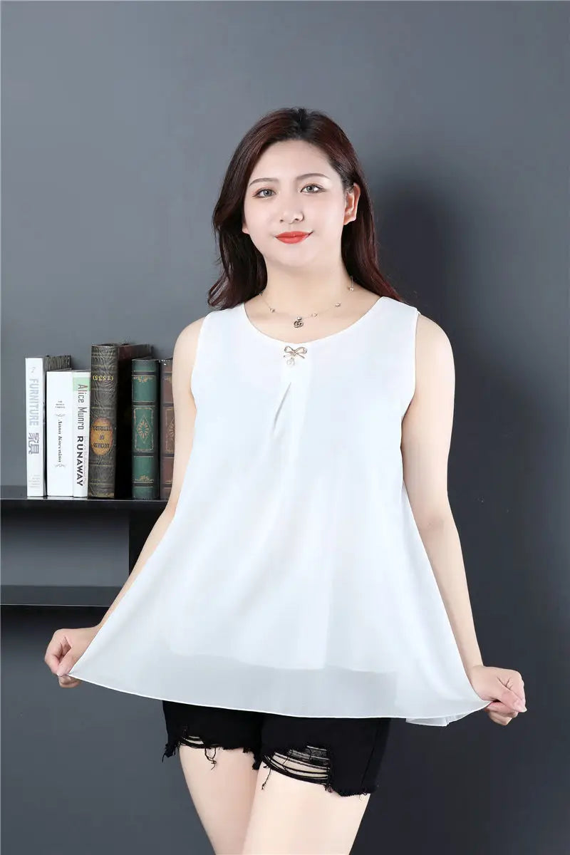 Obesity Women Chiffon Shirt  2025 New Summer Sleeveless O-neck Blouse Casual Solid White/Red Loose Oversized Female Tops