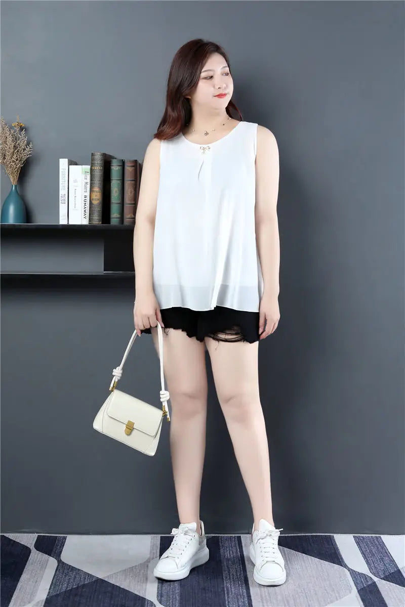 Obesity Women Chiffon Shirt  2025 New Summer Sleeveless O-neck Blouse Casual Solid White/Red Loose Oversized Female Tops