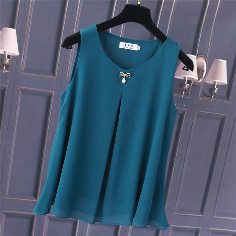 Obesity Women Chiffon Shirt  2025 New Summer Sleeveless O-neck Blouse Casual Solid White/Red Loose Oversized Female Tops