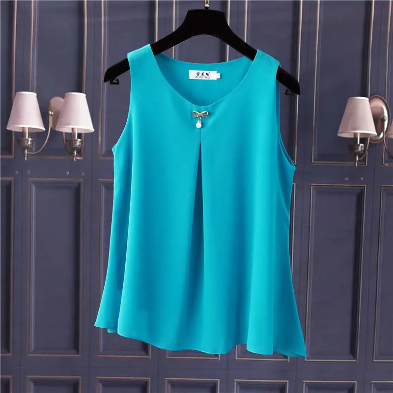 Obesity Women Chiffon Shirt  2025 New Summer Sleeveless O-neck Blouse Casual Solid White/Red Loose Oversized Female Tops