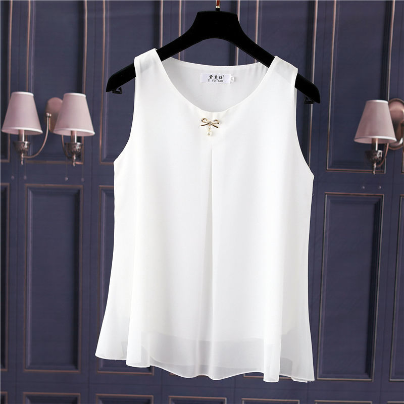 Obesity Women Chiffon Shirt  2025 New Summer Sleeveless O-neck Blouse Casual Solid White/Red Loose Oversized Female Tops