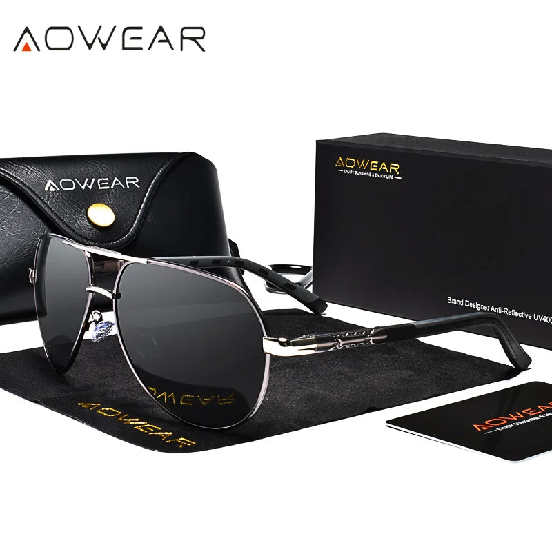 AOWEAR Aviation Luxury Sunglasses Men Polarized Oversized Driving Mirror Glasses Male Brand Designer Retro Eyewear with Case