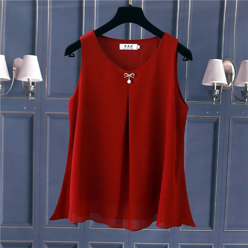 Obesity Women Chiffon Shirt  2025 New Summer Sleeveless O-neck Blouse Casual Solid White/Red Loose Oversized Female Tops