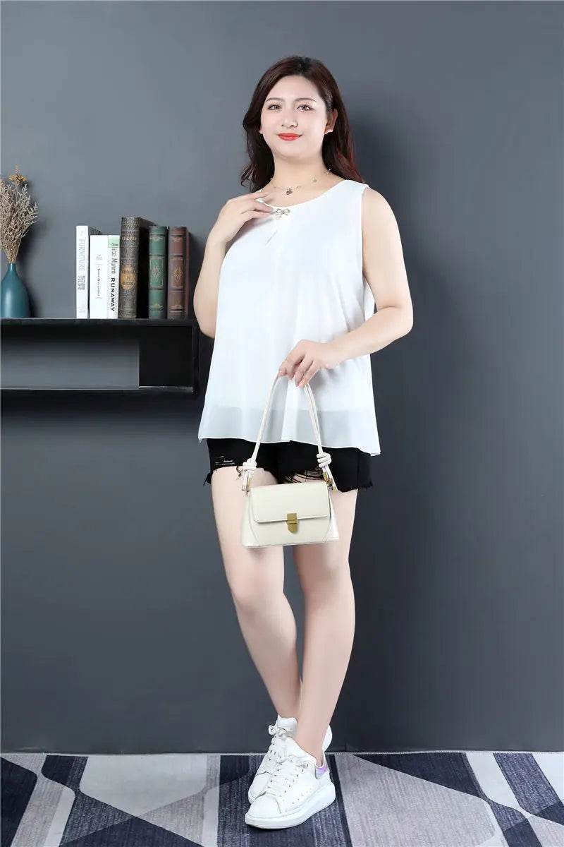 Obesity Women Chiffon Shirt  2025 New Summer Sleeveless O-neck Blouse Casual Solid White/Red Loose Oversized Female Tops