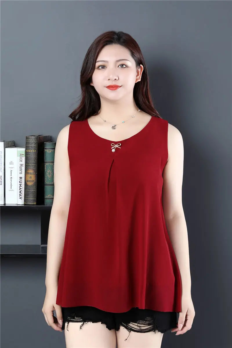 Obesity Women Chiffon Shirt  2025 New Summer Sleeveless O-neck Blouse Casual Solid White/Red Loose Oversized Female Tops