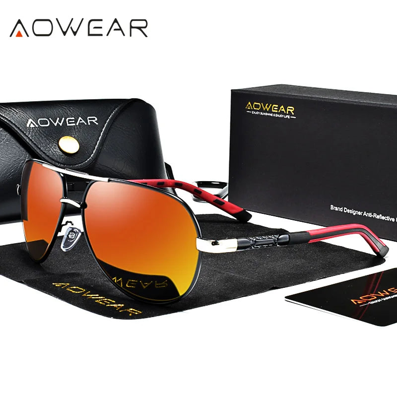 AOWEAR Aviation Luxury Sunglasses Men Polarized Oversized Driving Mirror Glasses Male Brand Designer Retro Eyewear with Case
