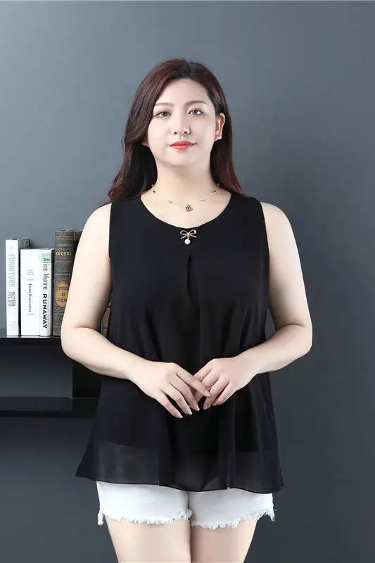 Obesity Women Chiffon Shirt  2025 New Summer Sleeveless O-neck Blouse Casual Solid White/Red Loose Oversized Female Tops