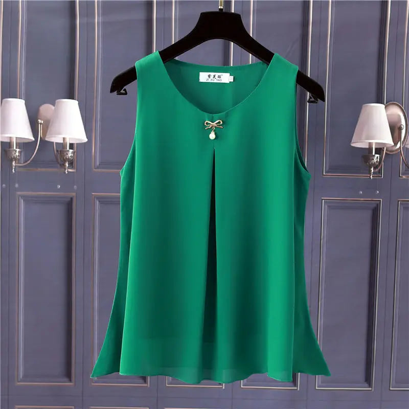 Obesity Women Chiffon Shirt  2025 New Summer Sleeveless O-neck Blouse Casual Solid White/Red Loose Oversized Female Tops