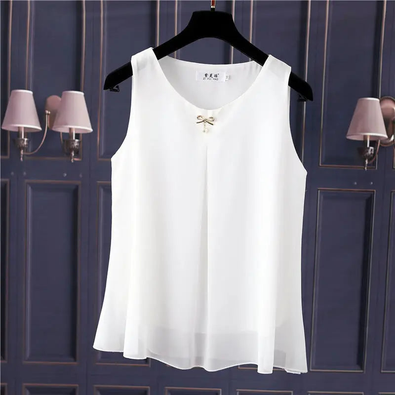 Obesity Women Chiffon Shirt  2025 New Summer Sleeveless O-neck Blouse Casual Solid White/Red Loose Oversized Female Tops