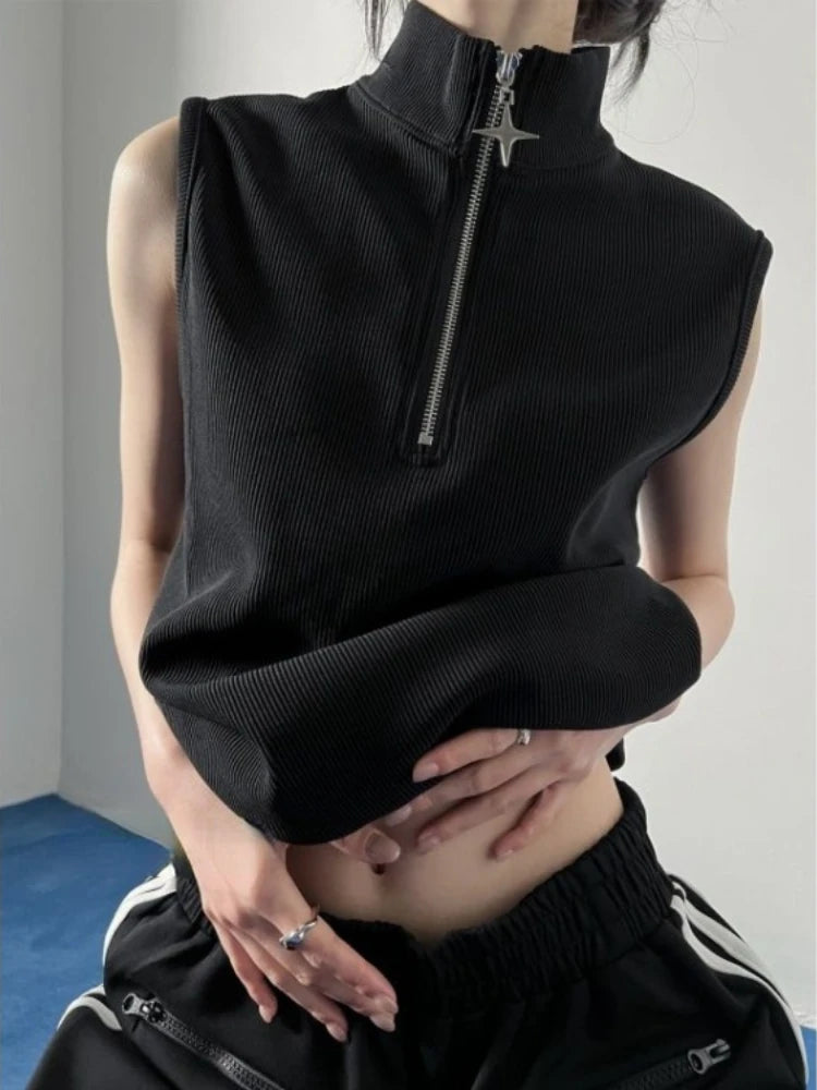 Oversized T Shirts Women Clothing Turtleneck Sleeveless Zipper Y2k Tops 2025 Ropa Mujer Summer Tees Casual Fashion Black T-shirt