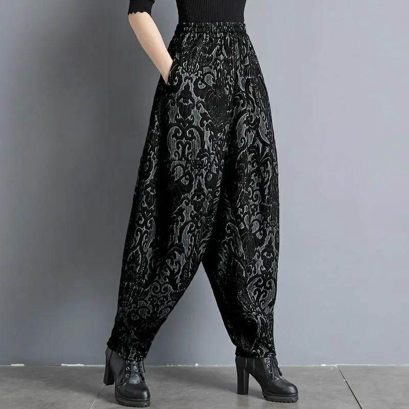 New Draping winter Jacquard Bloomers Women Casual Loose High Waist Vintage Wide Leg Harlan Pants Oversized Mom Pants trousers