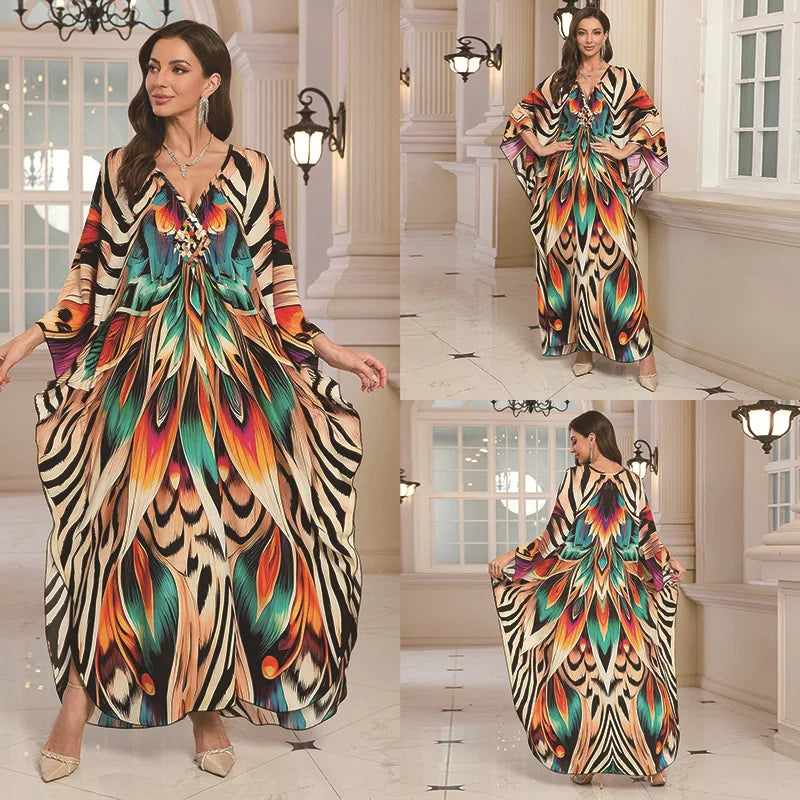Kaftan Dresses for Women Wave Neck Swimsuit Cover Up Caftan Dress Plus Size Oversized Long Beach Dress