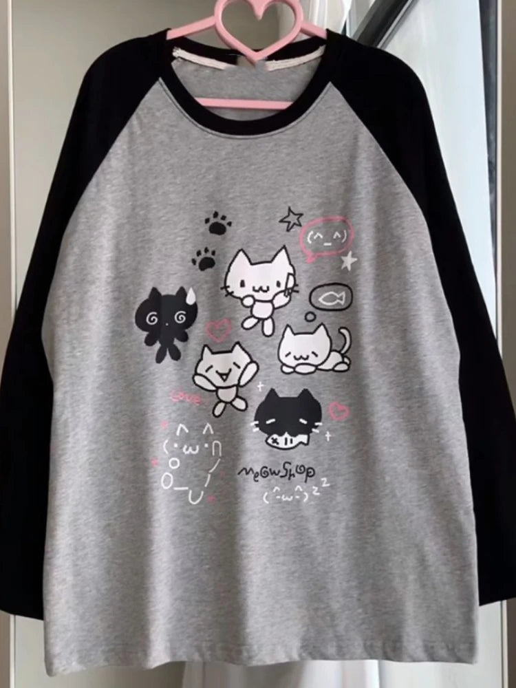 Cotton Cat Print Hoodies Women Streetwear Chic Long Sleeve Sweatshirts Casual Korean Oversized Hoodie Y2k Tops 2025 Ropa Mujer