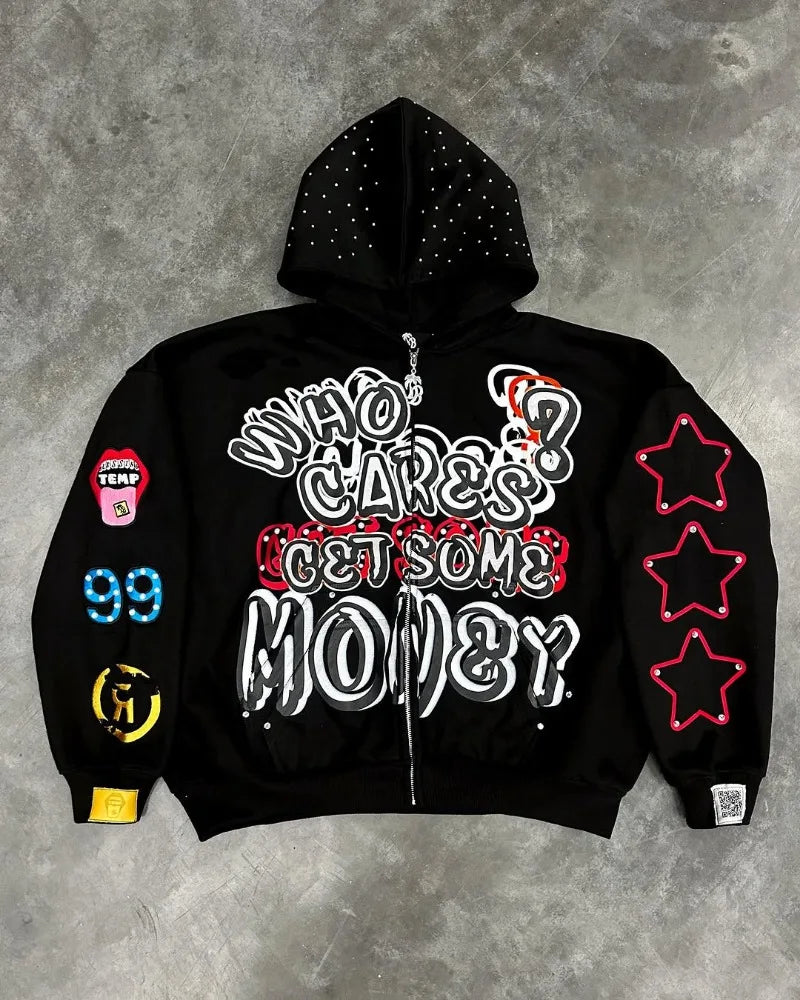 American Trendy Brands High Street Loose Casual Cartoon Printed Zipper Hoodie Men Y2k Hip-hop Rock Oversized Sweatshirt Women