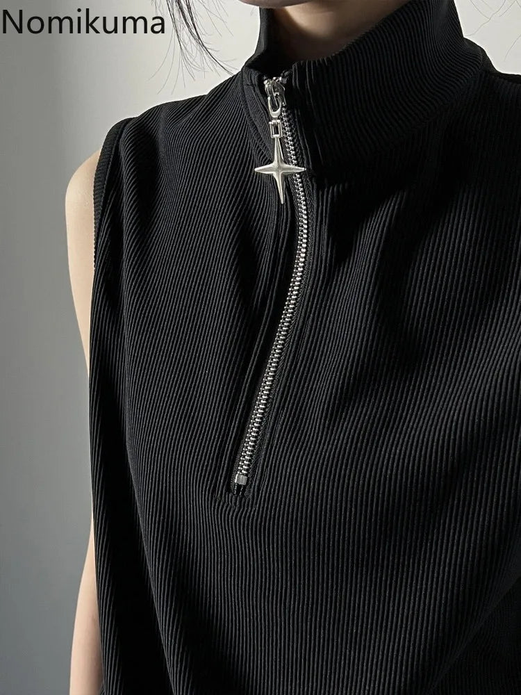 Oversized T Shirts Women Clothing Turtleneck Sleeveless Zipper Y2k Tops 2025 Ropa Mujer Summer Tees Casual Fashion Black T-shirt