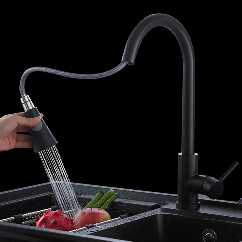 Black/Matte White Kitchen Faucet Single Hole Pull Out Stream Sprayer Head Sink Mixer Tap Deck Mounted Cold Hot Water Chrome Tap