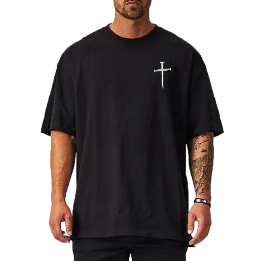 Personalized Cross Print Mens Fitness T-shirts Oversized Loose Short Sleeve Cotton Breathable Shirt Gym Bodybuilding Muscle Tops