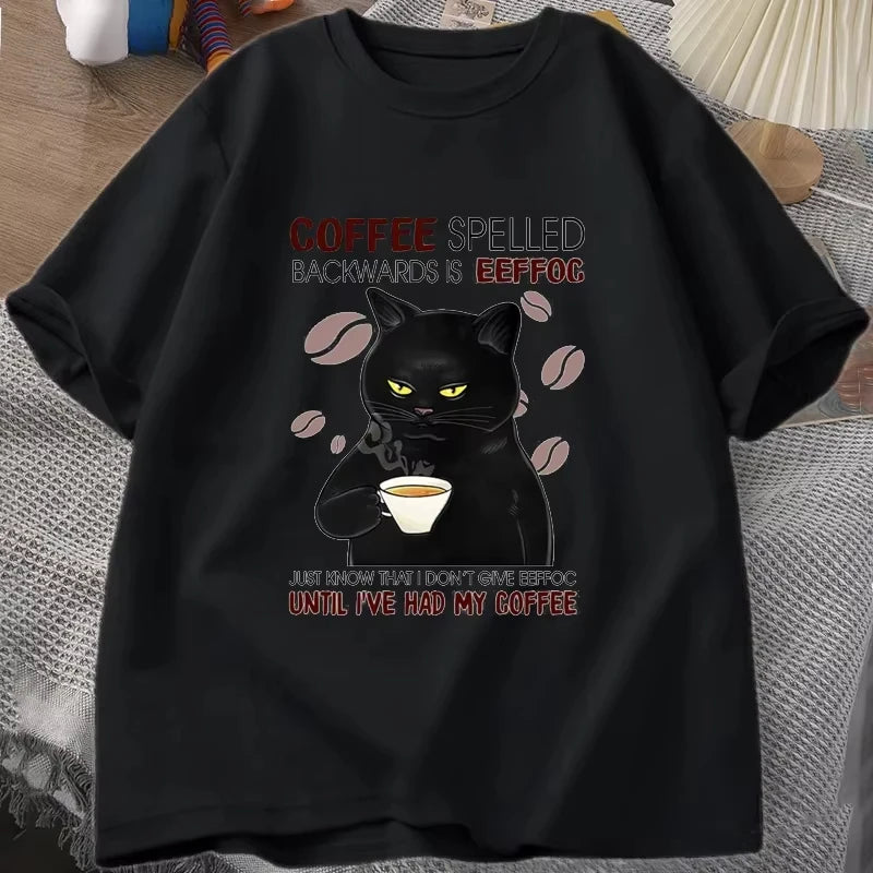 Coffee Spelled Backwards Cat T-shirt Funny Cute Graphic Tees Summer Unisex ONcek T Shirt Oversized Womens Clothes Oversized